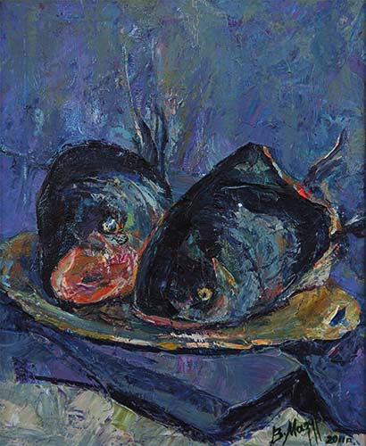 Two Trouts on a Plate by Volodymyr Mazur [2011] (oil on canvas)